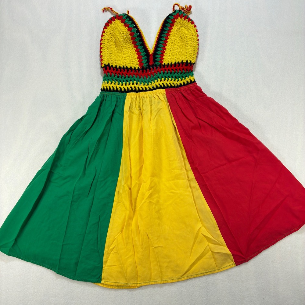 Boho Women Mini Dress Crochet Rasta Small Red Yellow Green Colorblock Festival